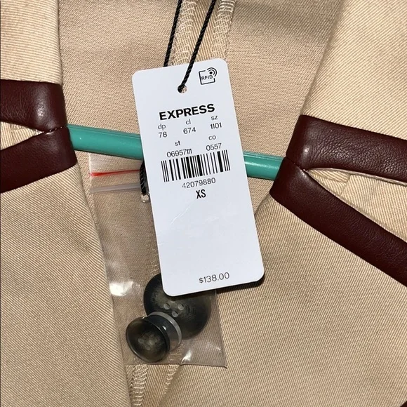 Express Tan Double-Breasted Jacket with Brown Vegan Leather Trim - Picture 2 of 4
